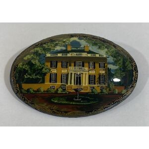Vintage Handpainted Russian Miniature Scene Landscape Brooch With House 2.5”